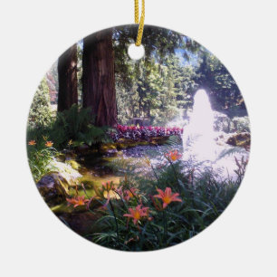 Elegant Garden Scene with Water Fountain Ceramic Ornament