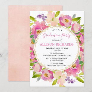 Elegant garden theme pink flora graduation party invitation