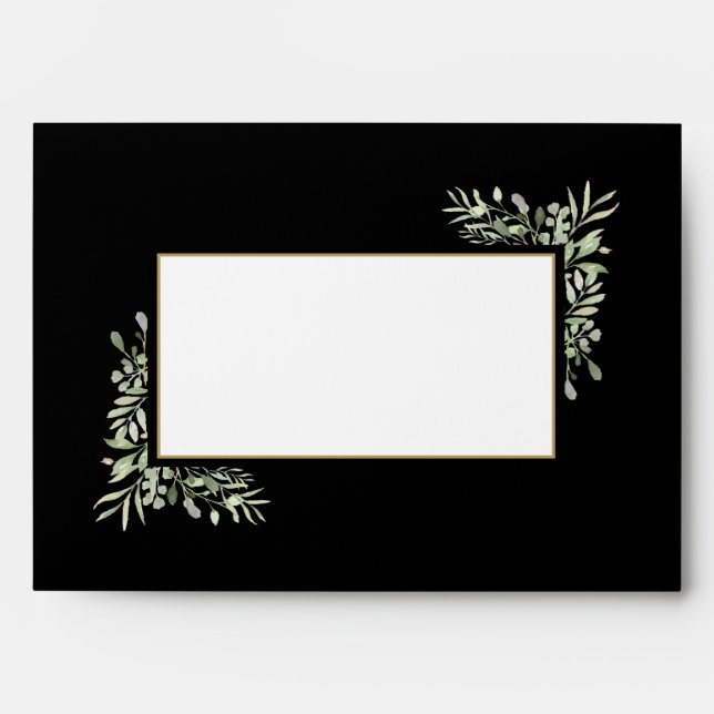 Elegant Garden Watercolour Greenery Black Wedding Envelope (Front)