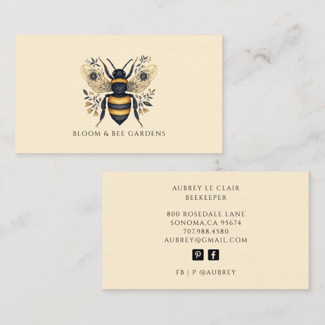 Elegant Gardener Botanical Bee Business Card (Front/Back)
