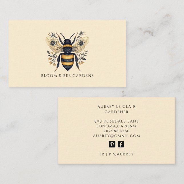 Elegant Gardener Botanical Bee Business Card (Front/Back)