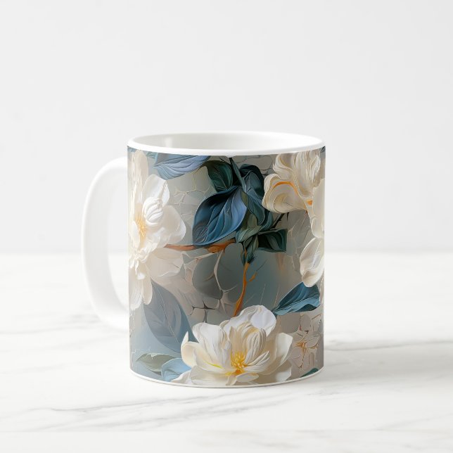 Elegant Gardenia Floral Pattern Coffee Mug (Front Left)