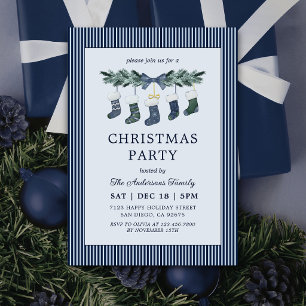 Elegant Garland Dark Blue Striped Christmas Party Invitation