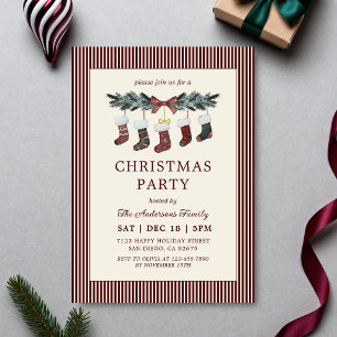Elegant Garland Red Striped Christmas Party Invitation