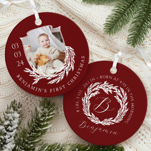 Elegant Garland Wreath Crest Baby First Christmas Metal Ornament