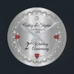 Elegant Garnet Diamonds 2nd Wedding Anniversary Round Clock<br><div class="desc">Opulent elegance frames this 2nd wedding anniversary design in a unique scalloped diamond design with centre teardrop diamond with heart-shaped sapphire accents and faux added sparkles on a silver-tone gradient. Please note that all embellishments are printed and are only made to appear as real as possible in a flat, printed...</div>