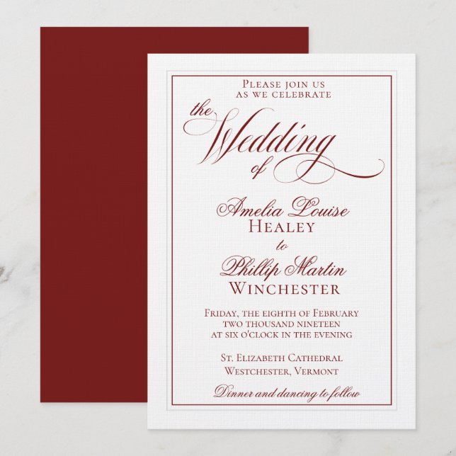 Elegant Garnet Red and White Wedding Invitation (Front/Back)