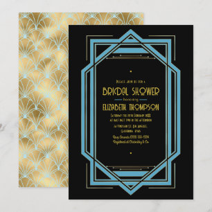 Elegant Gatsby Art Deco Blue & Gold Bridal Shower Invitation