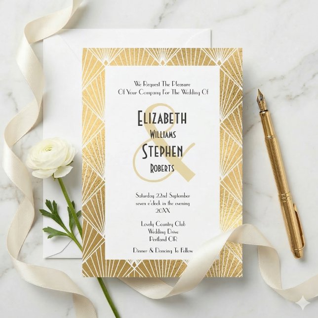 Elegant Gatsby Art Deco White & Gold Wedding Invitation (Creator Uploaded)