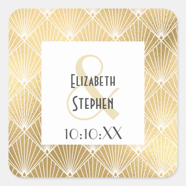 Elegant Gatsby Art Deco White & Gold Wedding Squar Square Sticker (Front)