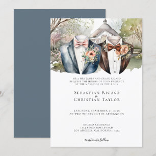 Elegant Gay Garden Wedding Two Grooms in Suits Invitation