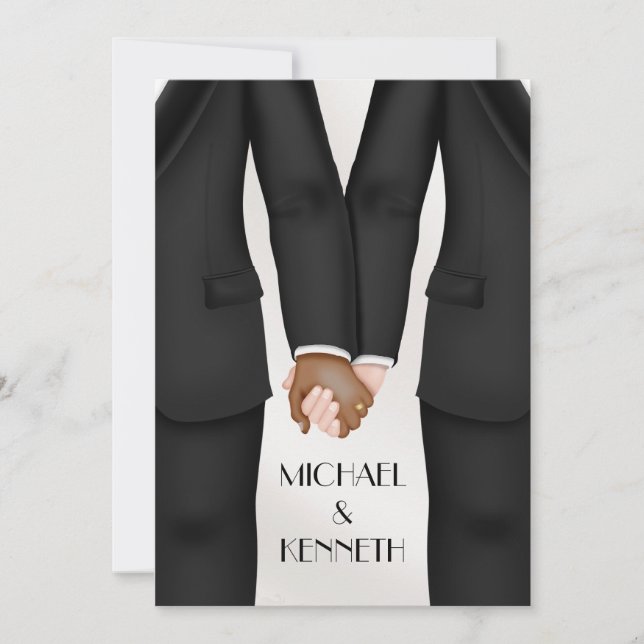 Elegant Gay Wedding Groom Holding Hands Ethnic Invitation (Front)
