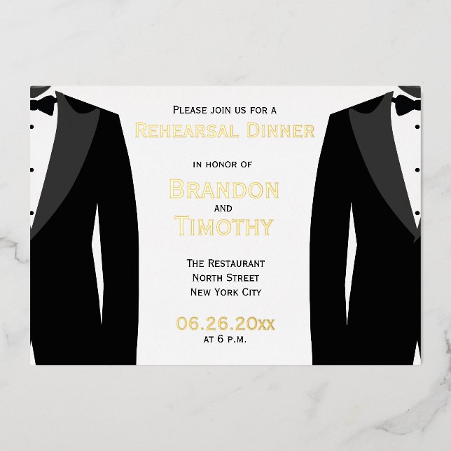 Elegant Gay Wedding Rehearsal Real Gold Foil Card (Front)