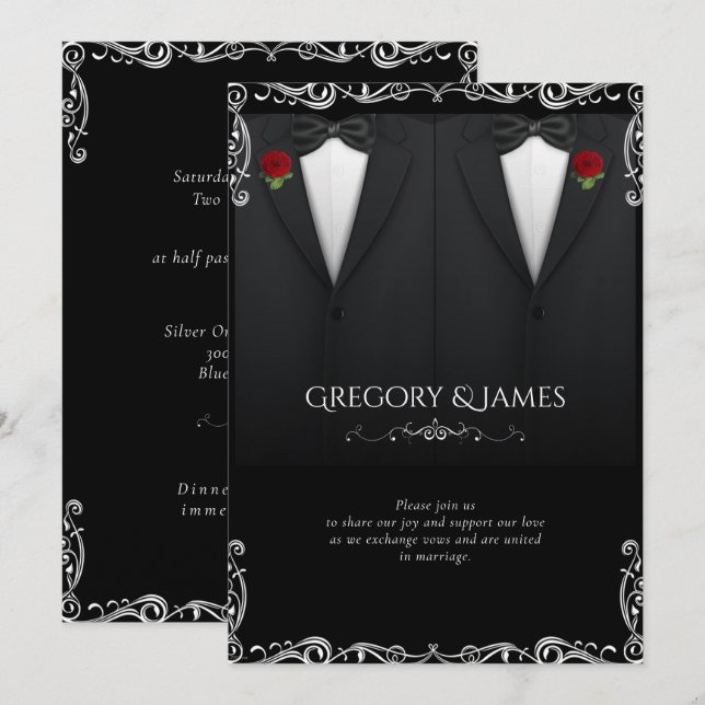 Elegant Gay Wedding Tuxedo Red Rose Invitation (Front/Back)