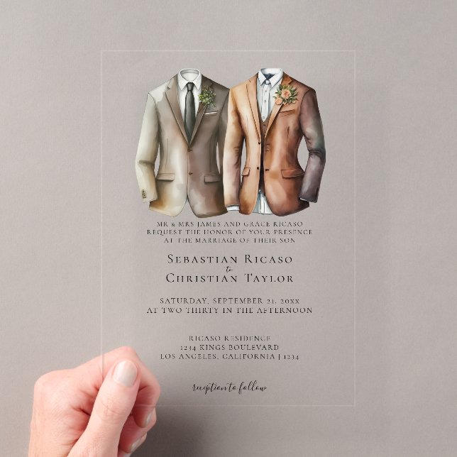 Elegant Gay Wedding Two Grooms in Suits Acrylic Invitations (Insitu (Handheld))