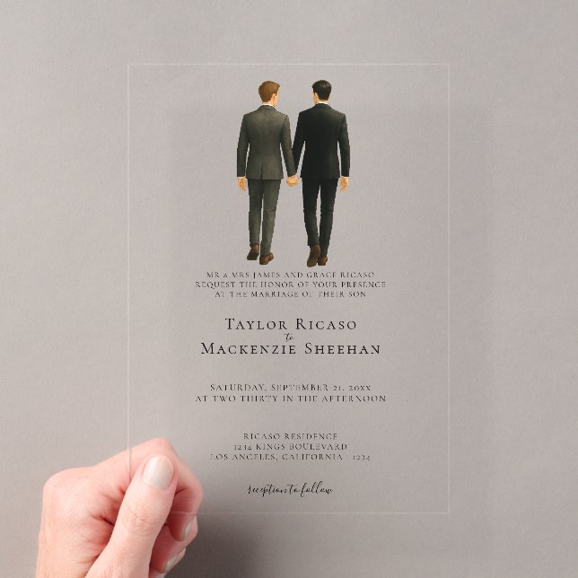 Elegant Gay Wedding Two Grooms in Suits Acrylic Invitations (Insitu (Handheld))