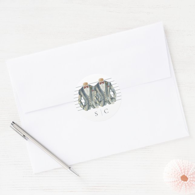 Elegant Gay Wedding Two Grooms in Suits Classic Round Sticker (Envelope)