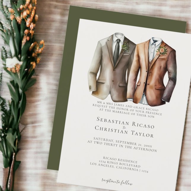 Elegant Gay Wedding Two Grooms in Suits Invitation (Elegant Gay Wedding Two Grooms in Suits Invitations from Ricaso)