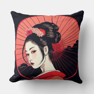 Elegant Geisha Art with Red Umbrella and Floral Ki Throw Pillow
