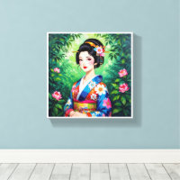 Elegant Geisha Wall Art – Floral Kimono Portrait