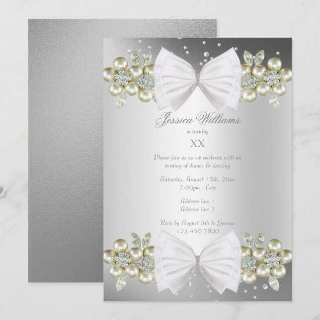 Elegant Gems & Bow Silver Birthday Invitation (Front/Back)