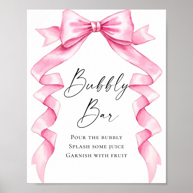 Elegant Gentle Pink Bow Bridal Shower Bubbly Bar Poster (Front)