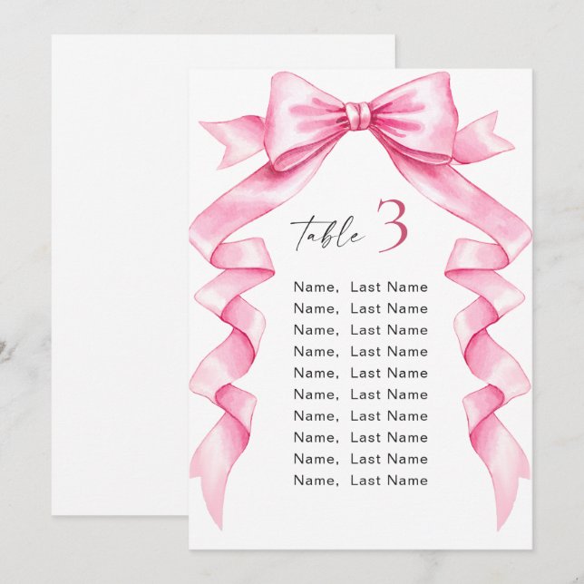Elegant Gentle Pink Bow Wedding Seating Chart Card (Front/Back)