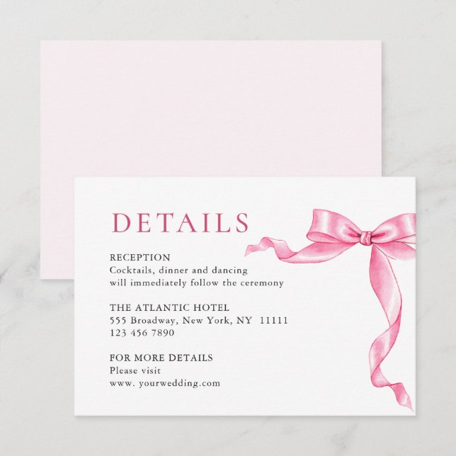 Elegant Gentle Pink Hand Drawn Bow Wedding Details Enclosure Card (Front/Back)