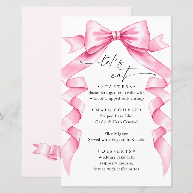 Elegant Gentle Pink Hand Drawn Bow Wedding Menu (Front/Back)