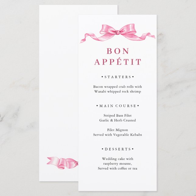 Elegant Gentle Pink Hand Drawn Bow Wedding Menu (Front/Back)
