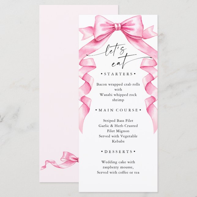 Elegant Gentle Pink Hand Drawn Bow Wedding Menu (Front/Back)