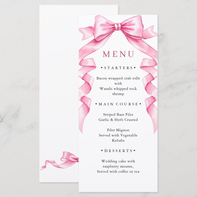 Elegant Gentle Pink Hand Drawn Bow Wedding Menu (Front/Back)