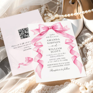 Elegant Gentle Pink Hand Drawn Bow Wedding QR code Invitation