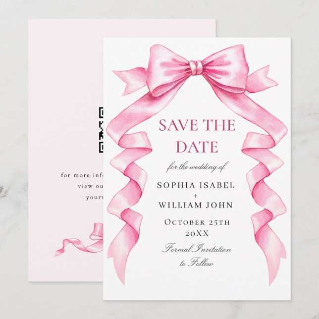 Elegant Gentle Pink Hand Drawn Bow Wedding QR Code Save The Date (Front/Back)