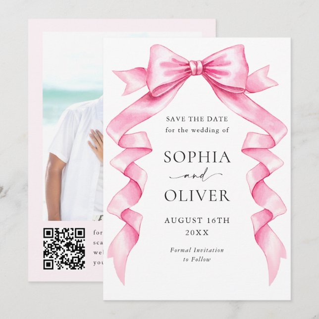 Elegant Gentle Pink Hand Drawn Bow Wedding Save The Date (Front/Back)