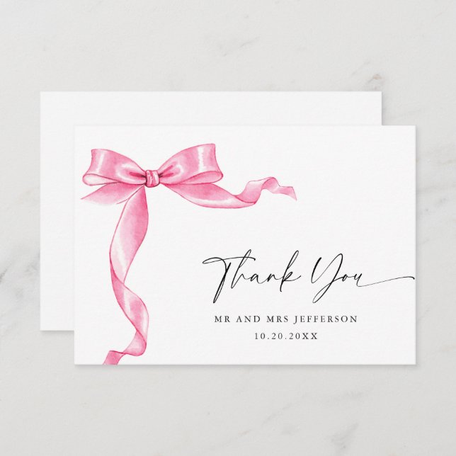 Elegant Gentle Pink Hand Drawn Bow Wedding Thank You Card (Front/Back)