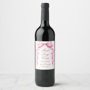 Elegant Gentle Pink Hand Drawn Bow Wedding Wine Label