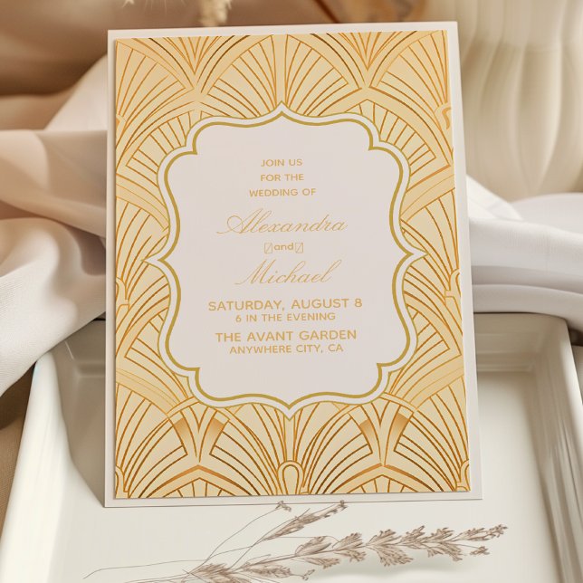 Elegant Geometric Art Deco Wedding White Gold Invitation (Creator Uploaded)