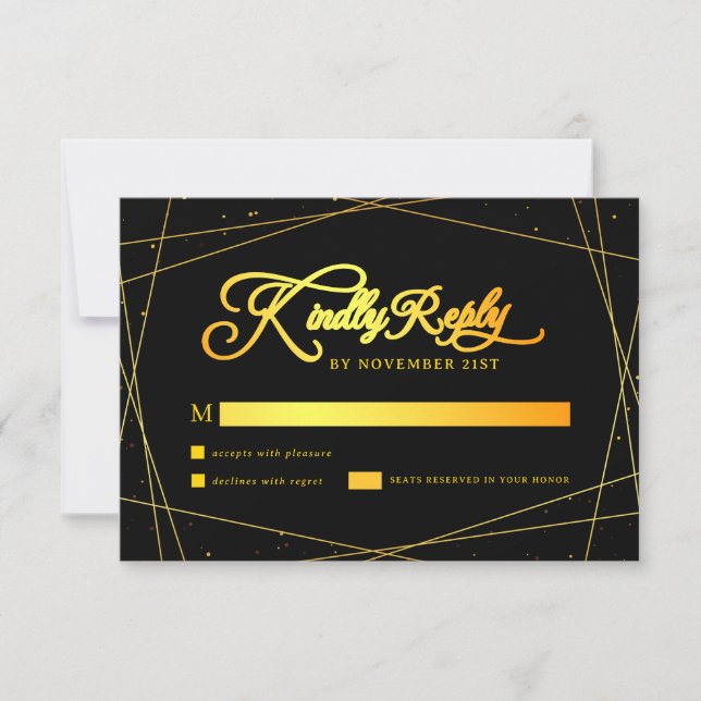 Elegant Geometric Black and Gold  Wedding RSVP Card (Front)