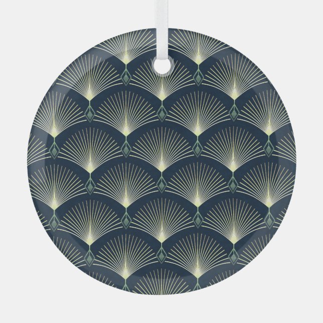Elegant Geometric: Blue Art Deco. Glass Ornament (Front)