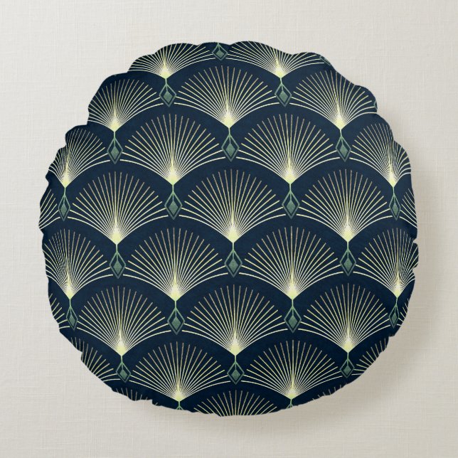 Elegant Geometric: Blue Art Deco. Round Pillow (Front)