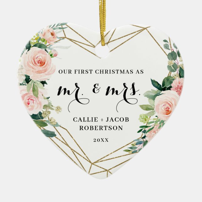 Elegant Geometric Blush Floral First Christmas Ceramic Ornament (Front)
