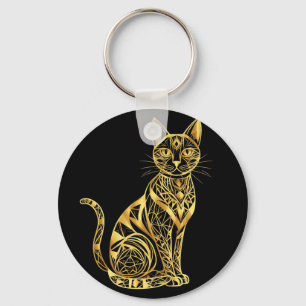 Elegant Geometric Cat Illustration in Golden Hues Keychain