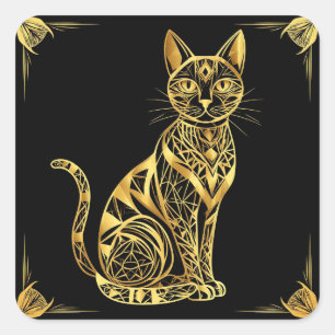 Elegant Geometric Cat Illustration in Golden Hues Square Sticker