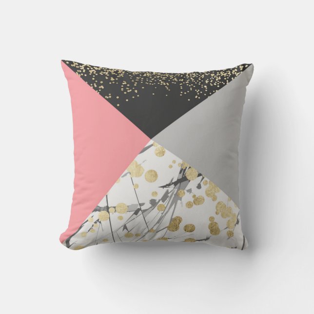 Elegant geometric coral colour block gold confetti throw pillow (Front)