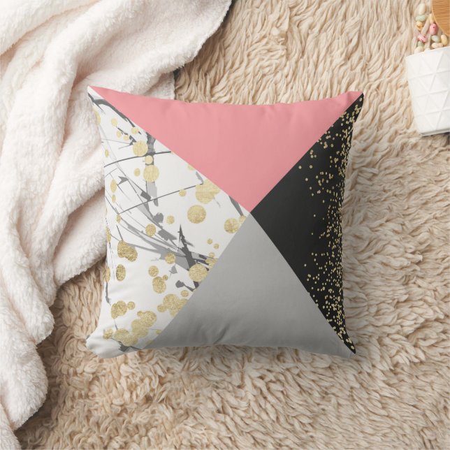 Elegant geometric coral colour block gold confetti throw pillow (Blanket)