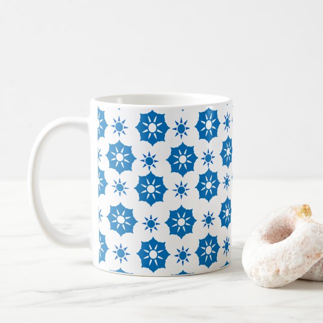 Elegant Geometric Floral Blue And White Pattern Coffee Mug (With Donut)