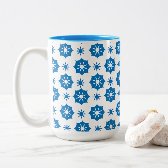 Elegant Geometric Floral Blue And White Pattern Two-Tone Coffee Mug (With Donut)