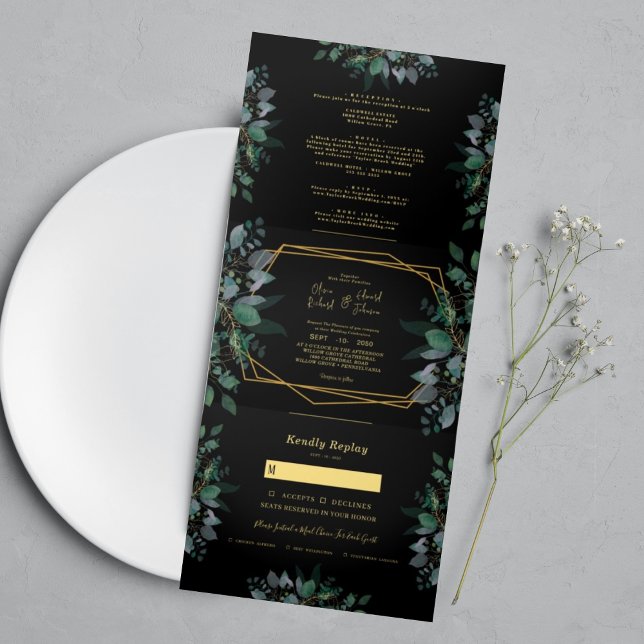 Elegant Geometric frame Black photo Wedding Tri-Fold Invitation (Creator Uploaded)