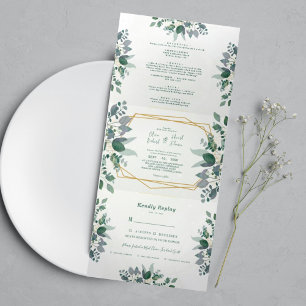 Elegant Geometric Frame green   photo Wedding Tri-Fold Invitation
